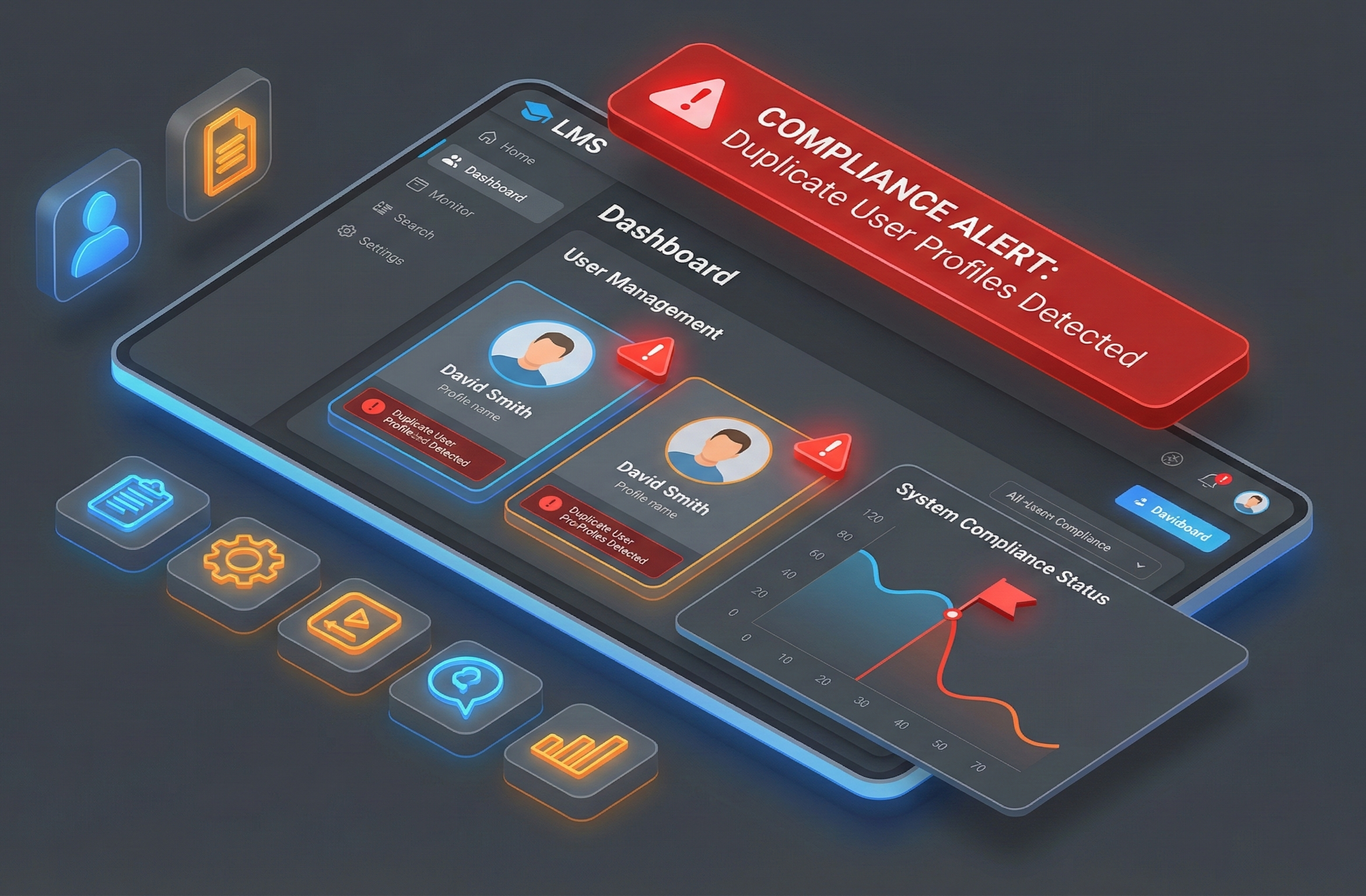 LMS Dashboard showing duplicate profiles for David Smith with conflict warnings