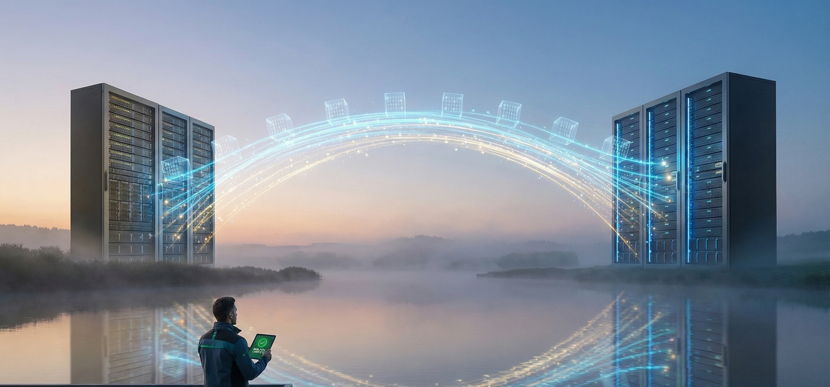 Illustration of organized data successfully migrating to a cloud server